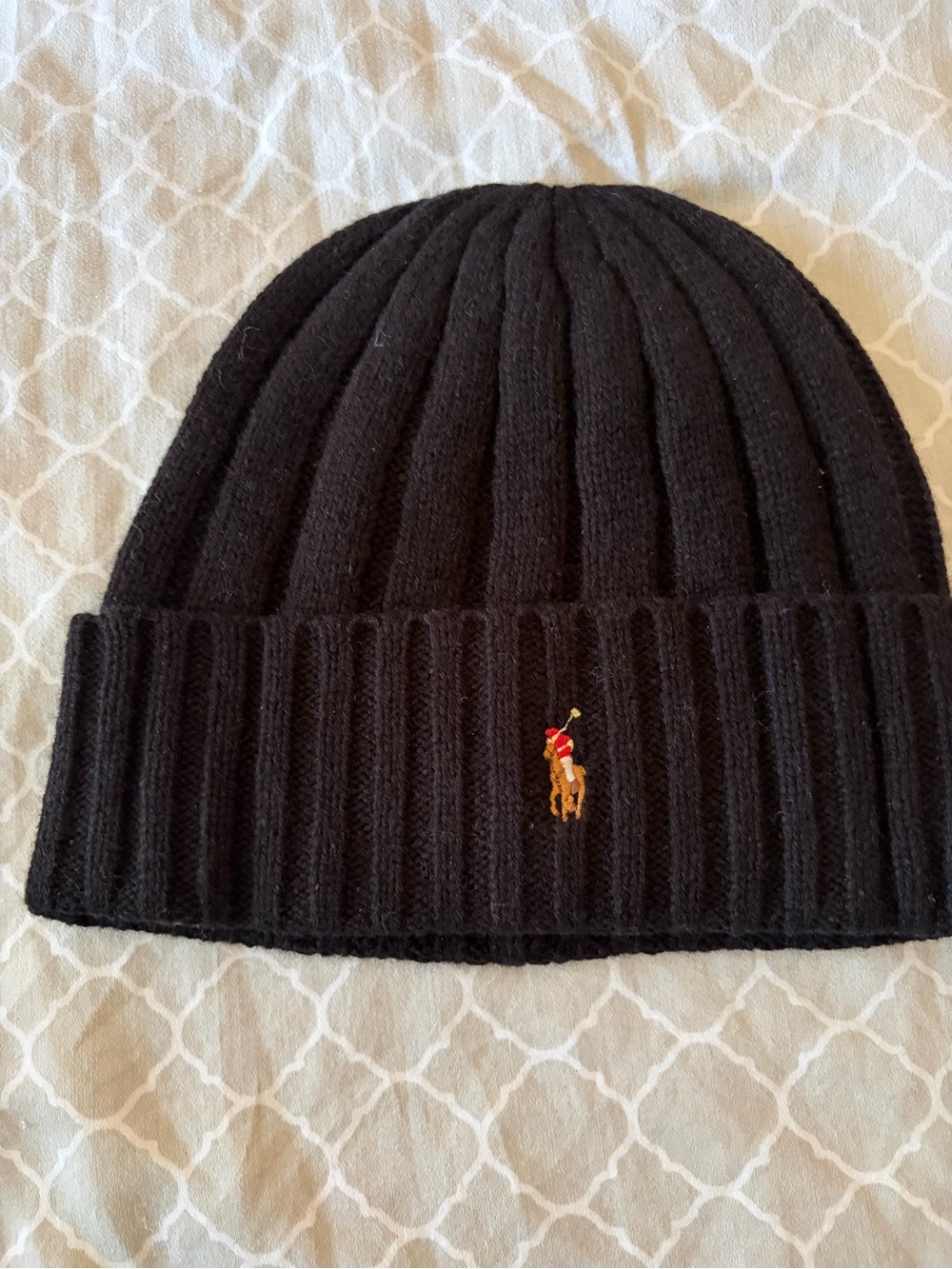 Polo by Ralph Lauren Black Ribbed Knit Beanie with Embroidered Polo Player
